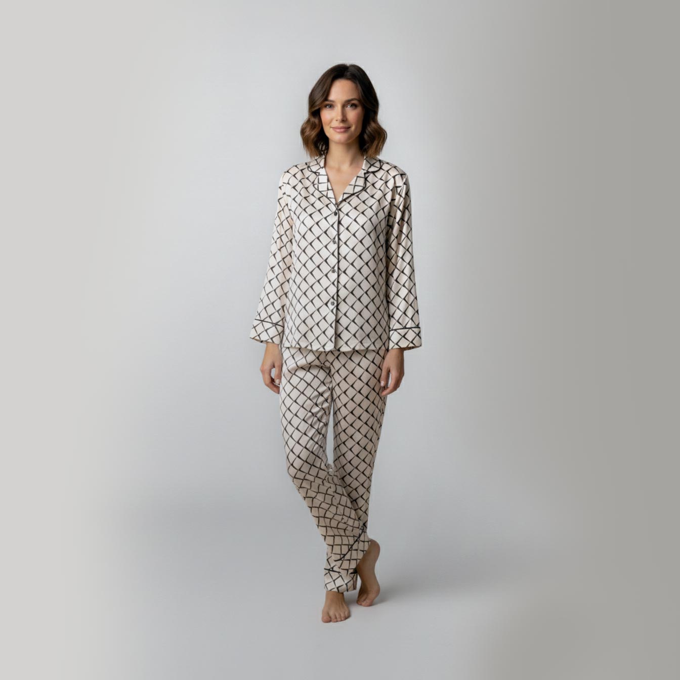 Pijama Longo Milão - Off-White + Marrom