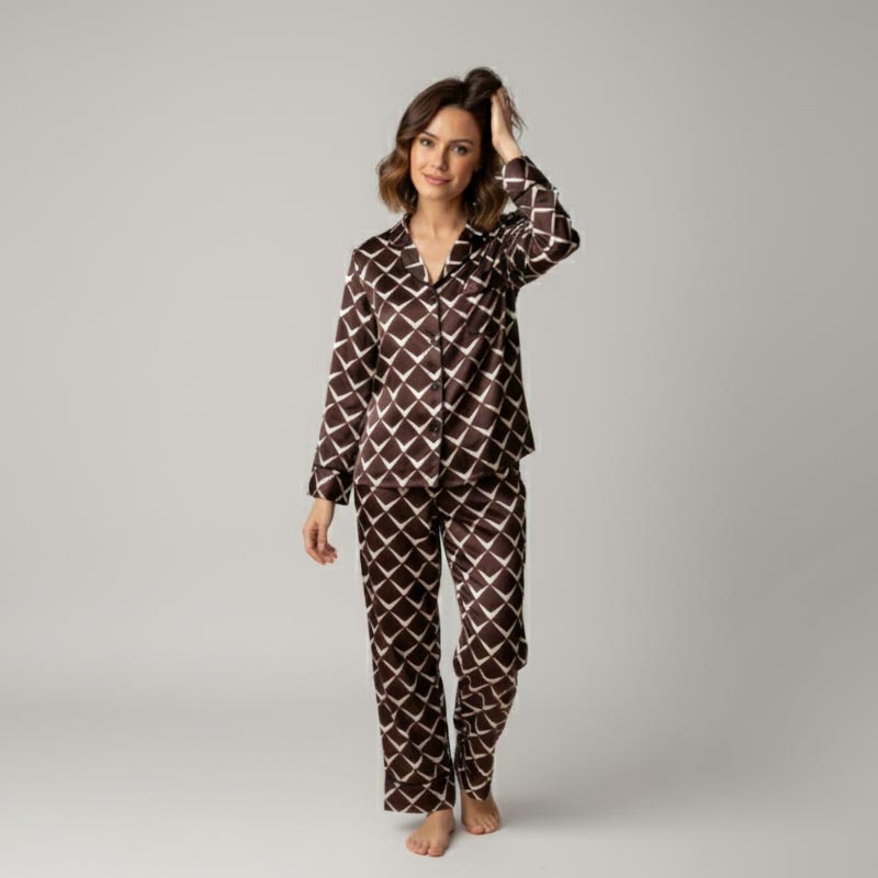 Pijama longo Milão - Marrom + Off-White